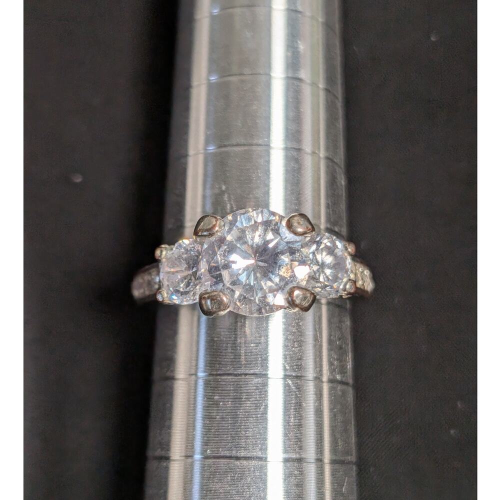Gold Tone CZ Three Stone Engagement Ring Womens Size 6.25 Vintage READ